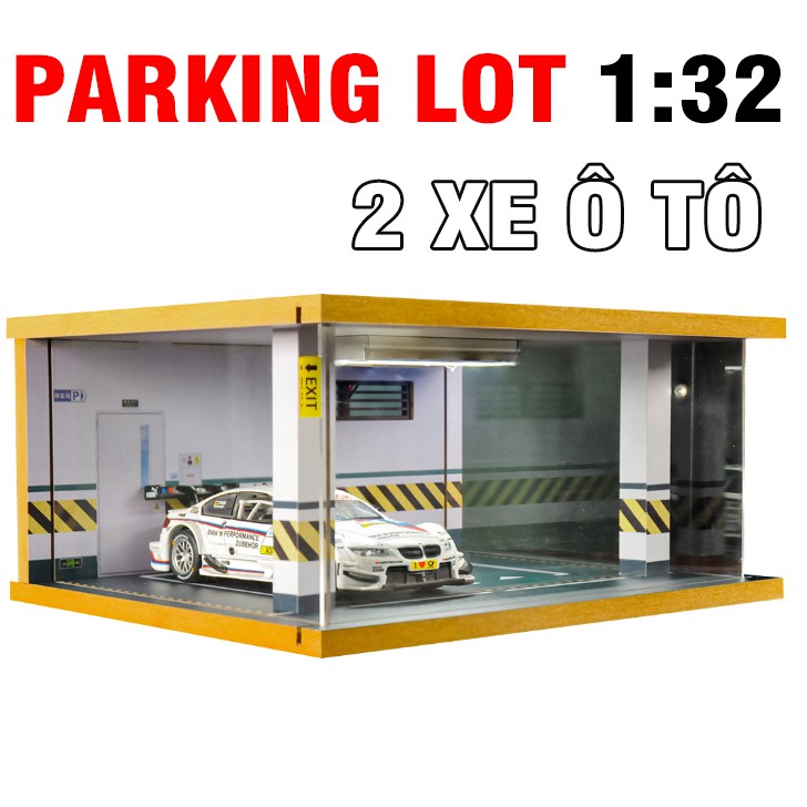 Mô hình chỗ đỗ xe ô tô tỉ lệ 1:32 Parking lot để được 2 xe mô hình bằng gỗ có đèn chiếu sáng