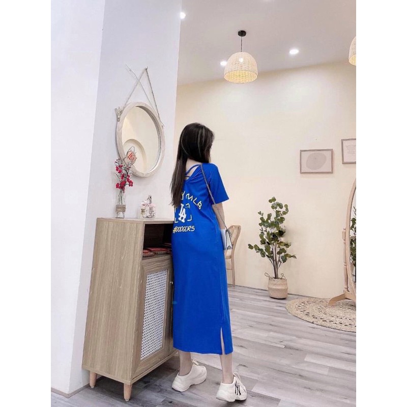 váy suông nữ dáng dài cộc tay thêu chữ LA đan lưng xinh xắn