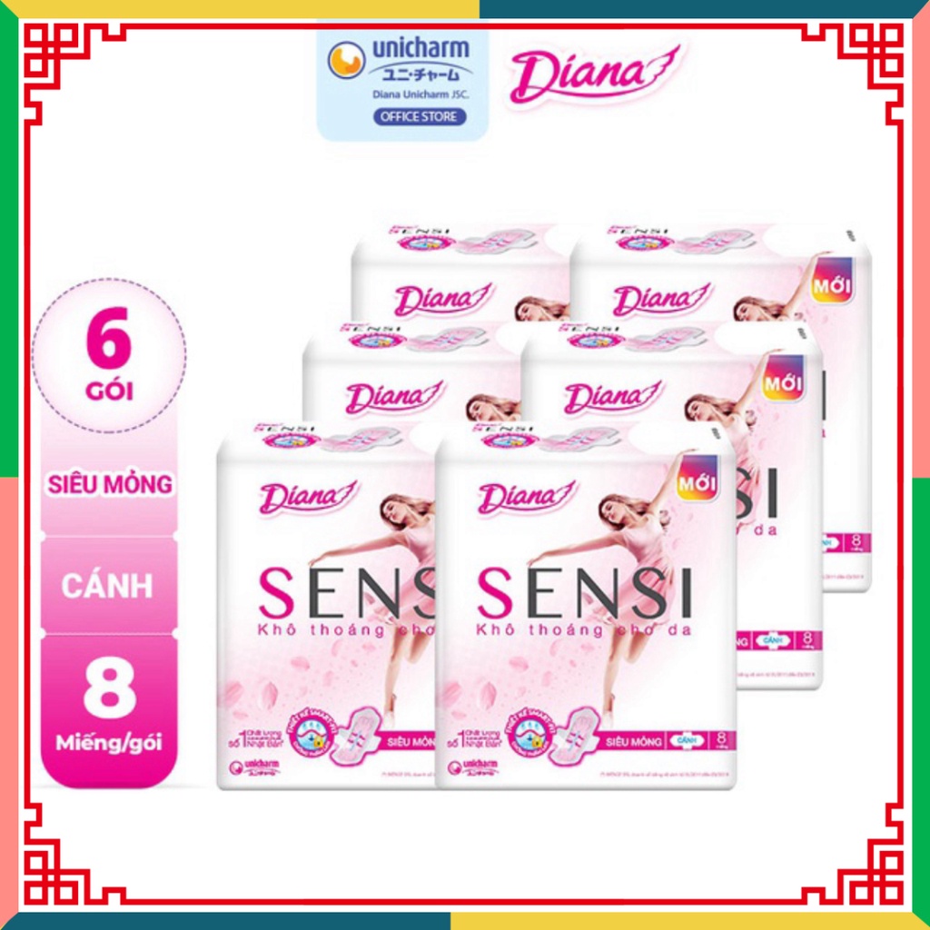 Bộ 6 gói Băng dọn dẹp Diana Sensi siêu mỏng cánh gói 8 miếng ( Đại lý Ngọc Toản)