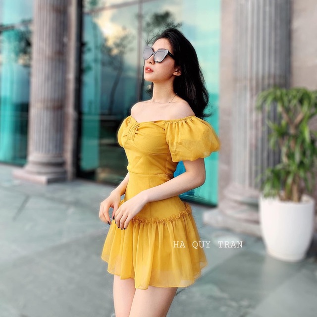 XẢ 🚀 | Ảnh Thật | Đầm Váy cổ vuông tay phồng màu vàng nổi bật cực xinh . 2020 Sale 1 Xinh new . ! : 2021 * [ HÀNG ĐẸP ]