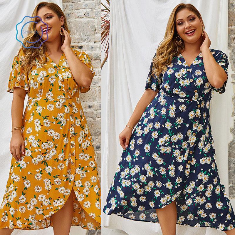 Summer Beach Floral Dress Women Long Dress Ladies Elegant Party Dress Print Oversized Dresses for Women Yellow XL