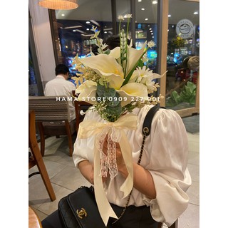 BÓ HOA CƯỚI CẦM TAY CÔ DÂU HOA RUM CALLA LILY THEO PHONG CÁCH HIỆN ĐẠI HÀN QUỐC LỤA GIỮ MÃI MÃI - TẶNG KÈM CÀI ÁO