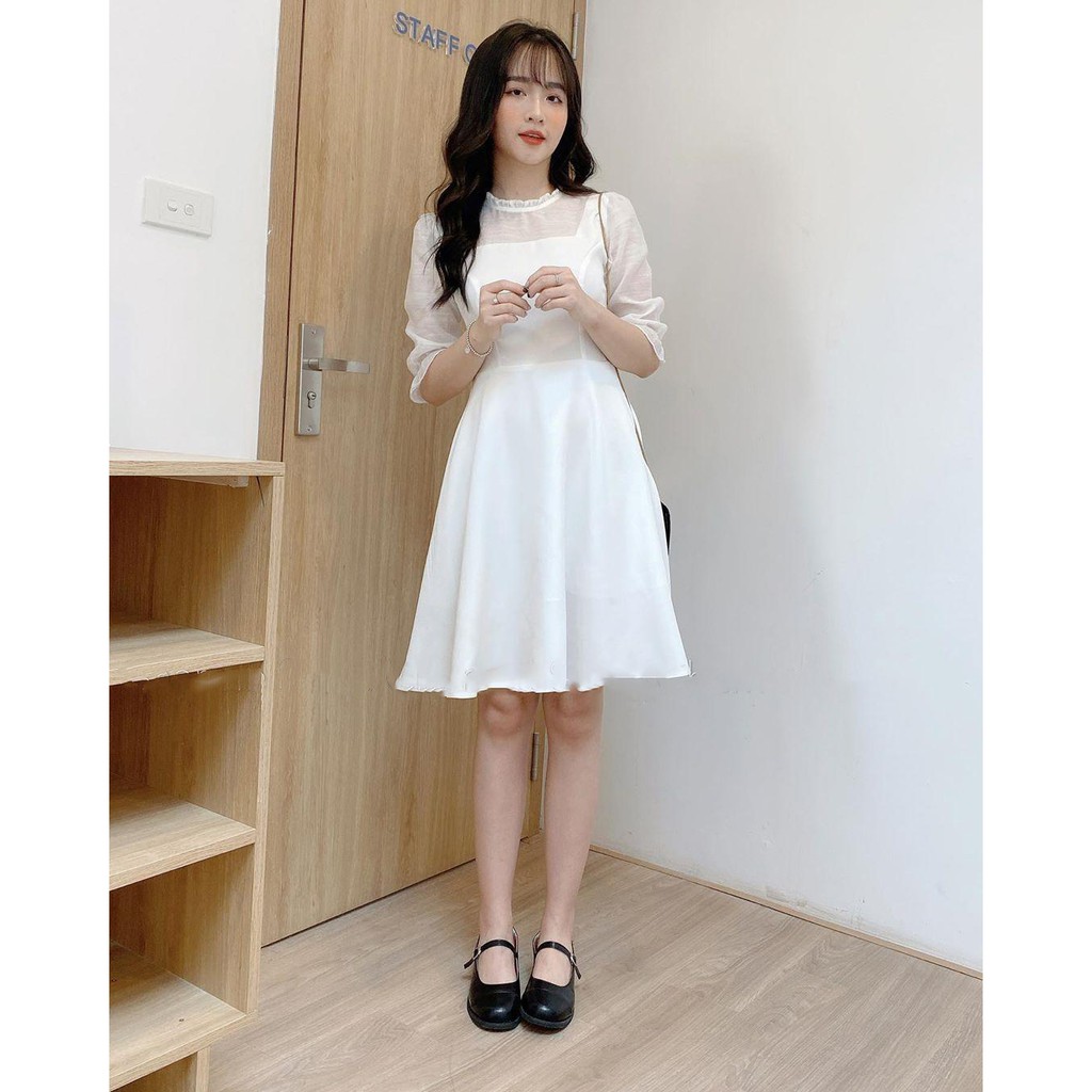 [Mã WASTMAY giảm 15% tối đa 30K đơn 150K] Đầm trắng phối tay voan xòe nhẹ dịu dàng | BigBuy360 - bigbuy360.vn