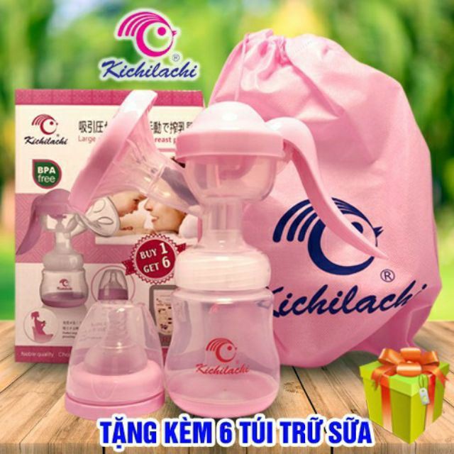 (Tặng 6 túi trữ sữa) Máy Hút Sữa Bằng Tay Kichi Kichilachi không BPA an toàn cho Bé (MÀU HỒNG)