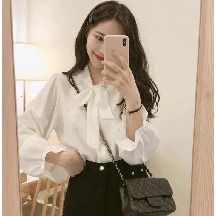 Áo Sơ Mi Thắt Nơ Cổ Chất Đũi Tay Bèo Hàn Quốc - Dáng Basic