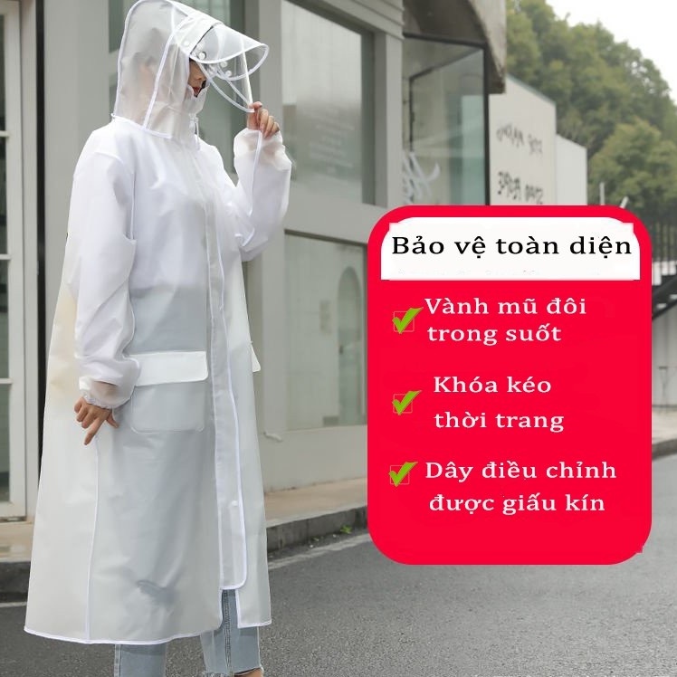 Áo Mưa Trong Suốt Dáng Dài Vành Rộng Có Khóa Kéo