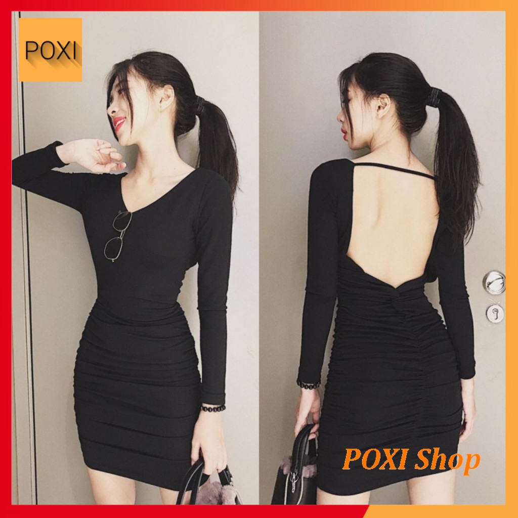 [ẢNH THẬT] Đầm Body Tay Dài Hở Lưng Tinh Tế (ĐEN+XÁM)