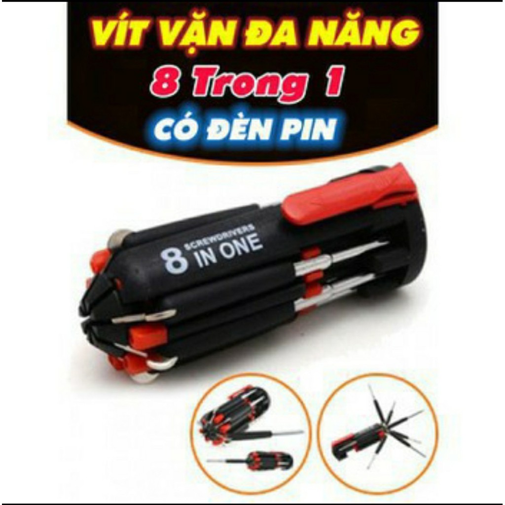 Bộ tua vít vặn mở ốc đa năng 8 trong 1 có đèn pin led