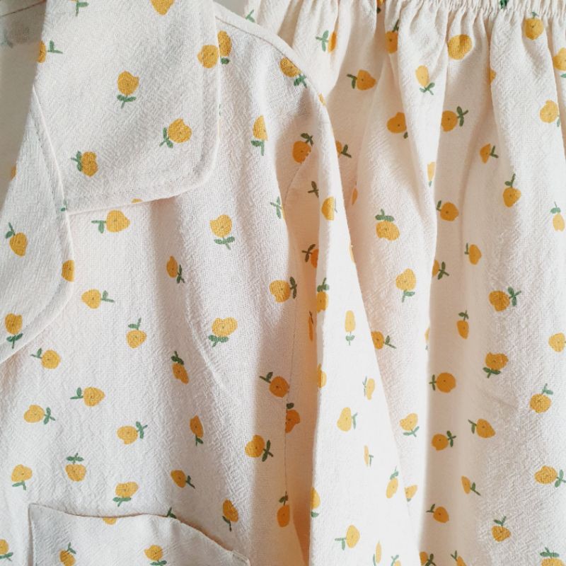 Pyjama mặc nhà thô đũi cara họa tiết quả chanh