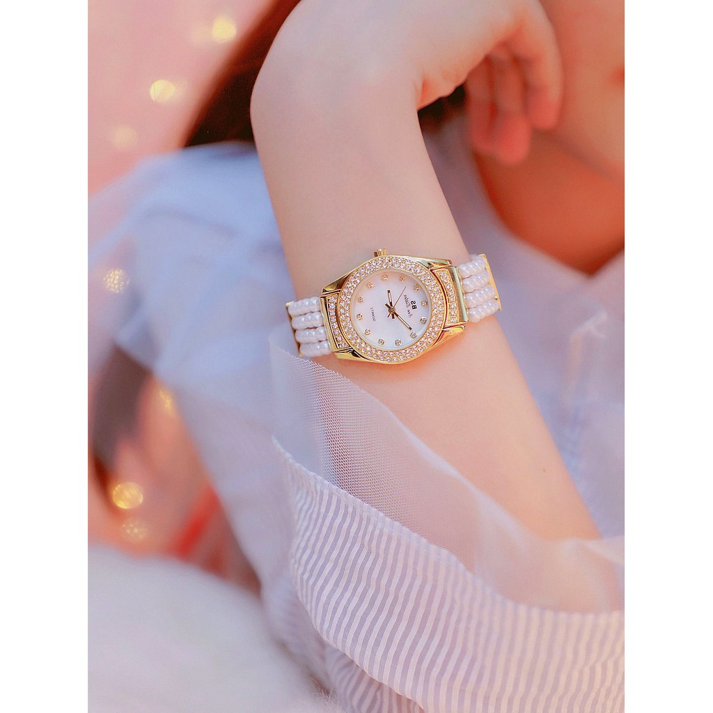 Đồng hồ nữ chính hàng Bee Sister cao cấp, dây ngọc trai và viền vàng, đính đá lấp lánh như kim cương | BigBuy360 - bigbuy360.vn