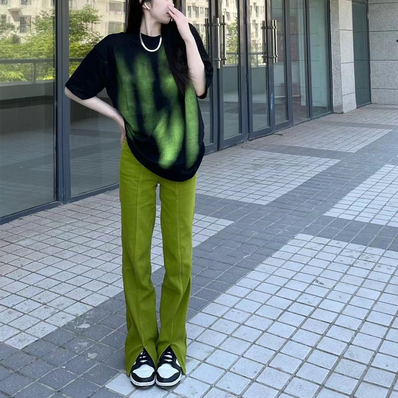 Quần Jean Dài Ống Đứng Xẻ Tà Màu Xanh Bơ Phong Cách Mỹ Thời Trang Mùa Hè Cho Nữ