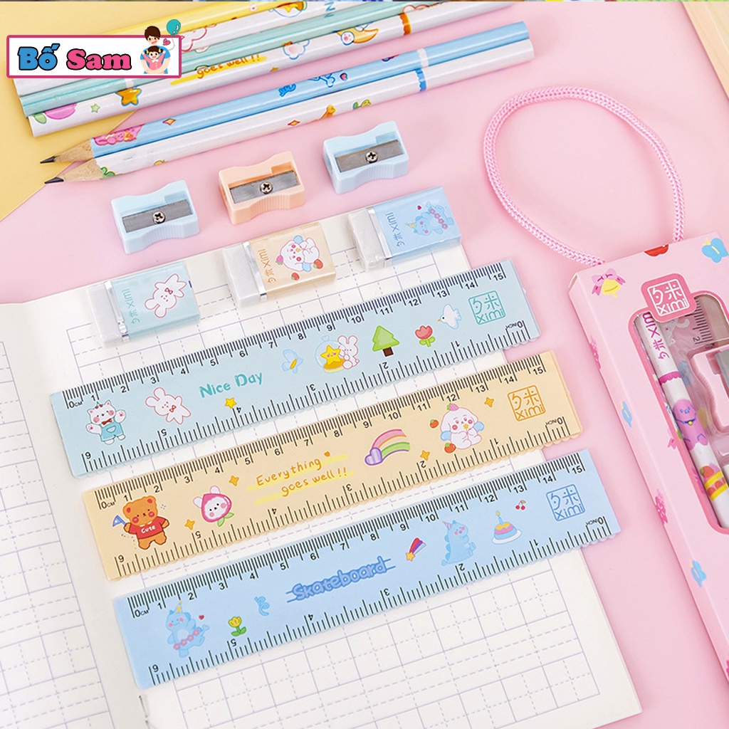 Set 4 chi tiết thước kẻ, bút chì, gọt bút, tẩy có hộp quai đeo đi học cho bé Shop Bố Sam
