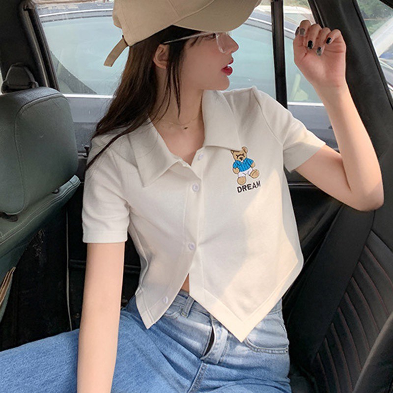 Áo croptop nữ polo đính cúc cách điệu vạt chéo cực xinh