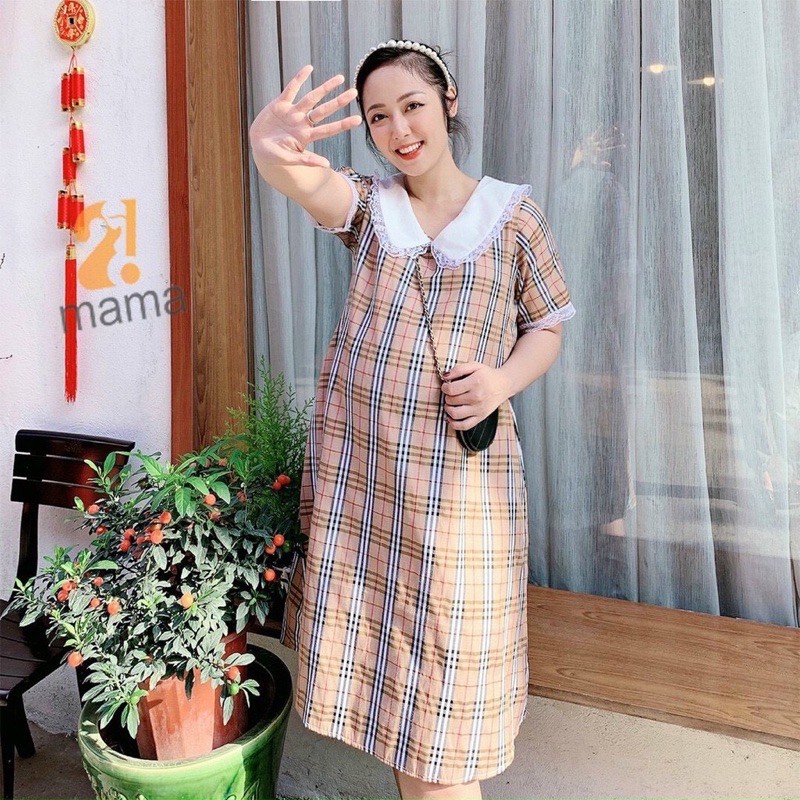 Đầm bầu, váy bầu TK cao cấp kẻ bbr cổ Ren cực xinh xắn trẻ trung V42
