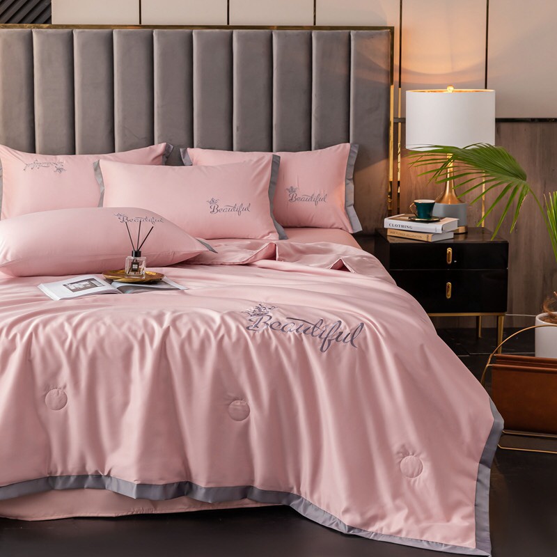 Bộ chăn ga gối Lụa Chăn Hè Trần Bông Thêu Họa Tiết Beautiful Nhập Khẩu - Cotton Poly Tim - Sét 4 món