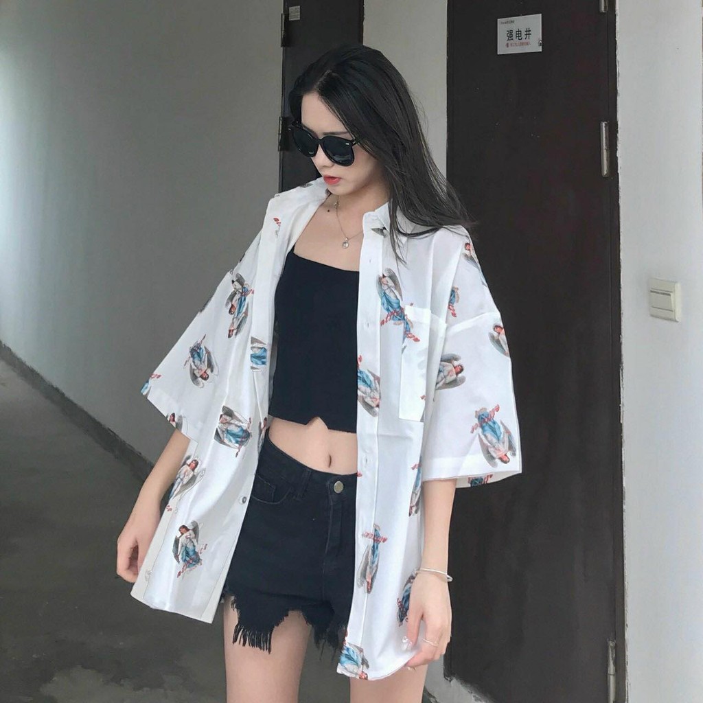 Áo sơ mi lụa ngắn tay nam nữ form rộng hoạ tiết em bé thấm hút mồ hôi vải dày dặn mềm mịn mặc nhóm áo lớp áo cặp