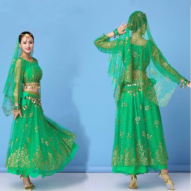 Đầm Bollywood Múa Bụng Ấn Độ Tay Dài Vải Voan Phối Thắt Lưng Xinh Xắn Cho Nữ