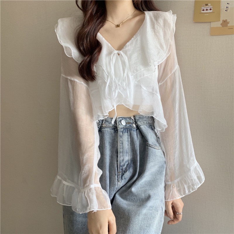 Áo Khoác Voan Mỏng Tay Lửng Cổ Lá Sen Tay Dài Loe Thời Trang Mùa Hè Cho Nữ