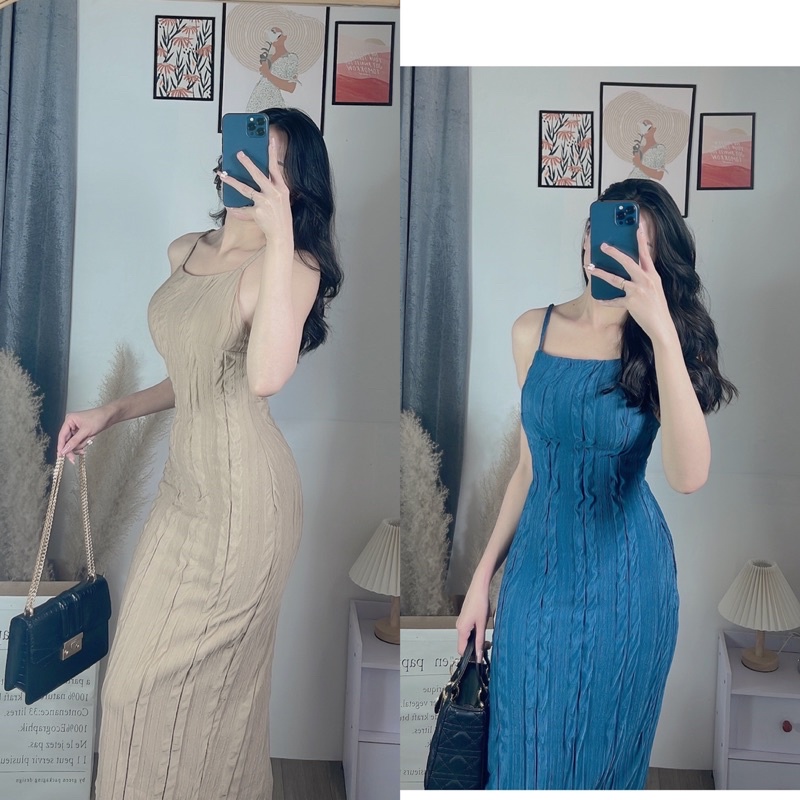 (Hình và video thật) Đầm body 2 dây dáng dài qua gối ôm tôn dáng 3 màu nude + xanh + đen.