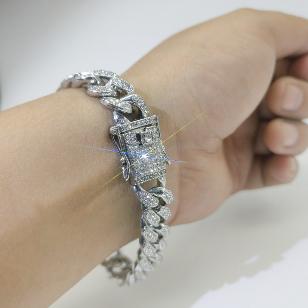 Vòng Tay Dạng Chuỗi Xích 13mm Màu Vàng / Bạc Đính Đá Thời Trang Sang Trọng Cho Nam Nữ