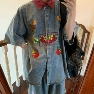 Áo denim tay ngắn thêu họa tiết trái cây phong cách cổ điển thời trang cho nữ