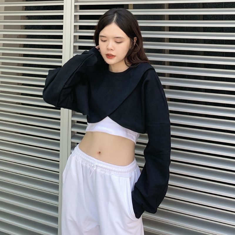 Áo croptop phối xích tay dài dáng lững ôm form tôn dáng sexy quyến rũ phong cách cá tính Hàn ảnh thật