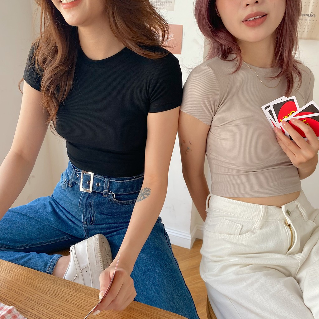 Áo croptop nữ thun tăm cổ tròn cộc tay vintage basic Mia Ritta a2081 ảnh thật