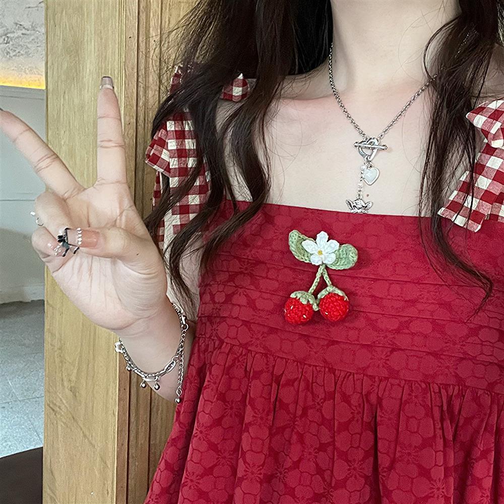 One Set Đầm Hai Dây In Hình Dâu Tây + Áo Sơ Mi Dáng Chữ A Không Tay Xinh Xắn Dành Cho Nữ