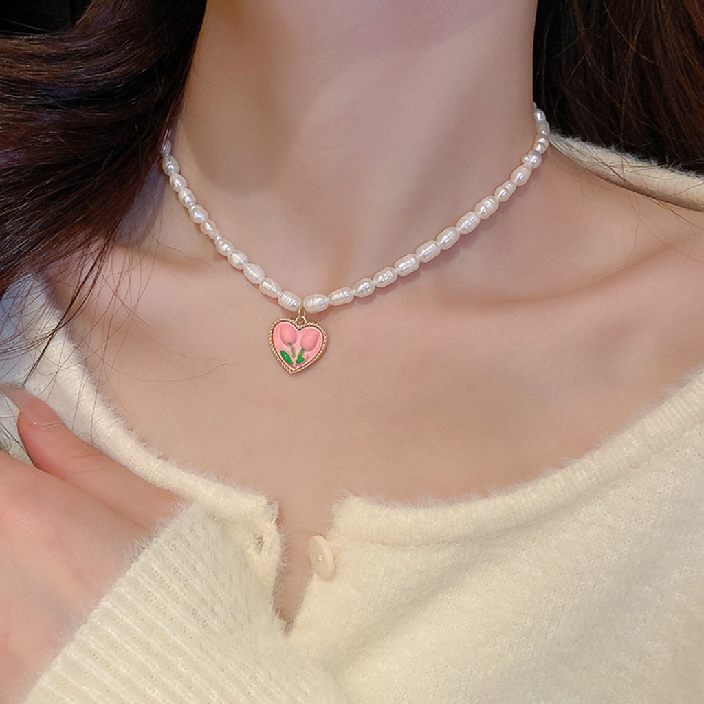 Vòng cổ/ Khuyên tai Ahellogirl kiểu hoa hồng đính ngọc trai phong cách Hàn Quốc
