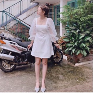 Đầm Cổ Vuông Tay Lưới Phồng Trơn 💕