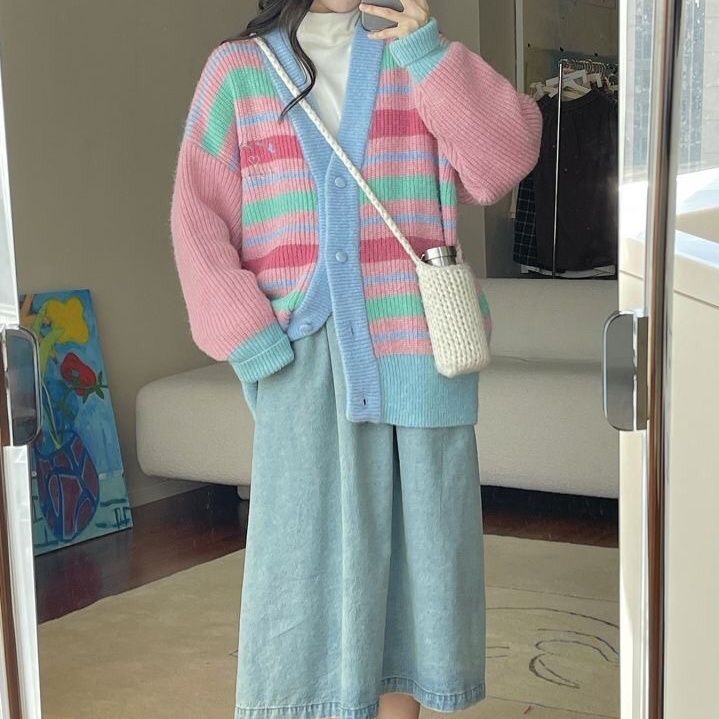 Áo Khoác Len Cardigan Dáng Rộng Thêu Hình Cầu Vồng Kiểu Vintage Nhật Bản Dễ Thương Cho Nữ