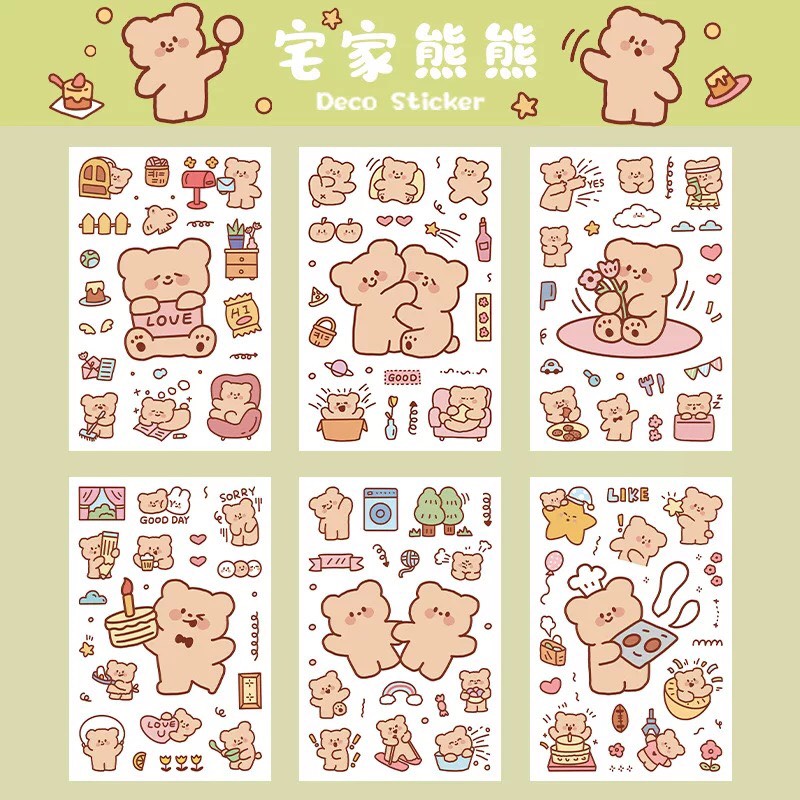 Hình dán sticker gấu siêu siêu cute vĩ 6 miếng nhiều hình khác nhau trang trí sổ tay, máy tính, laptop, góc học tập