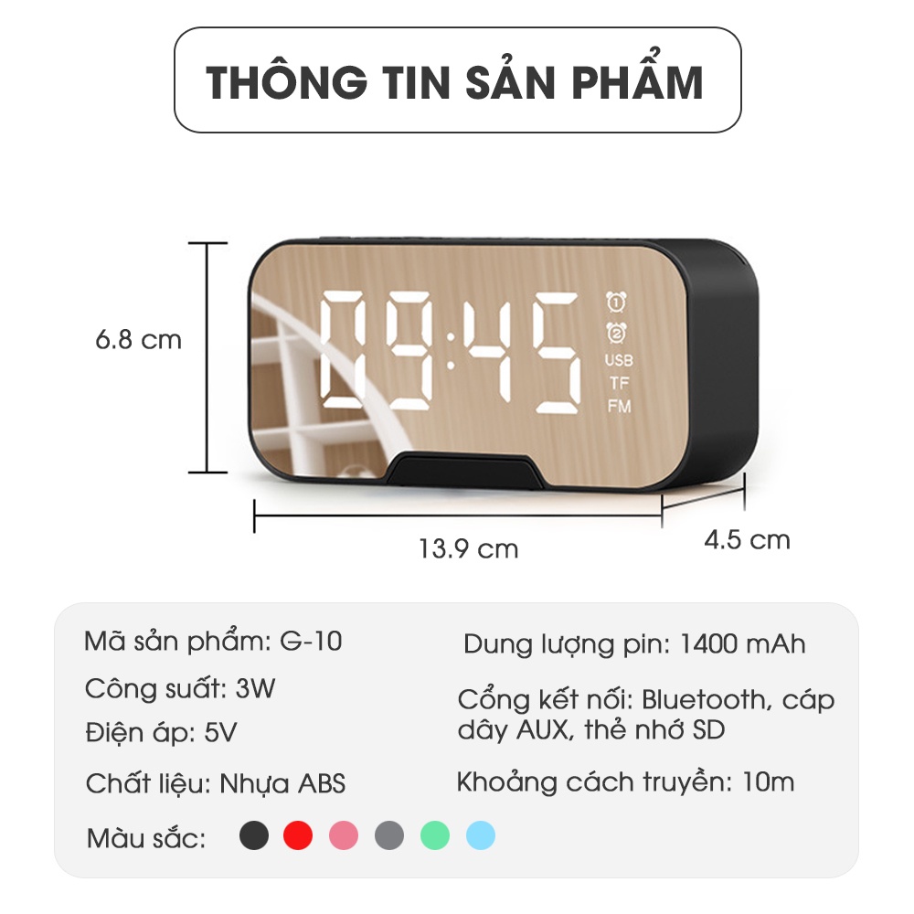 Loa Bluetooth Mini Kiêm Đồng Hồ, Màn Hình LED Có Đèn, Bass Mạnh, Để Bàn, Cầm Tay, Pin Trâu, Đa Năng - Automatik