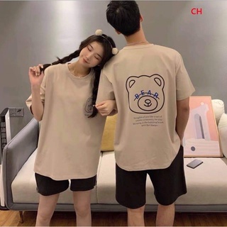 bộ đôi nam nữ màu be in gấu bear + quần ngố đen (giá 1 bộ)