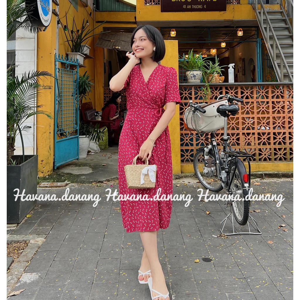 Đầm hoa nhí đỏ, đầm hoa nhí dây buộc thắt eo chất nhung | BigBuy360 - bigbuy360.vn