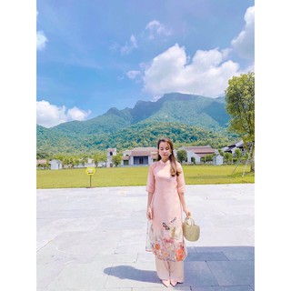 Áo dài Organza thêu hoa tinh tế, màu hồng, bướm