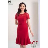 Đầm Đuôi Cá Xếp Ly Cộc Tay Phối Ren Tay, Thắt Đai Eo