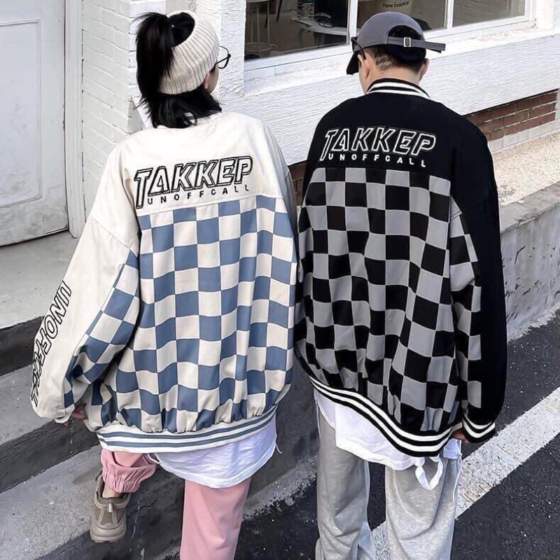 Áo khoác bomber bàn cờ hai màu be và đen phù hợp cho cả nam và nữ chất kaki freesize