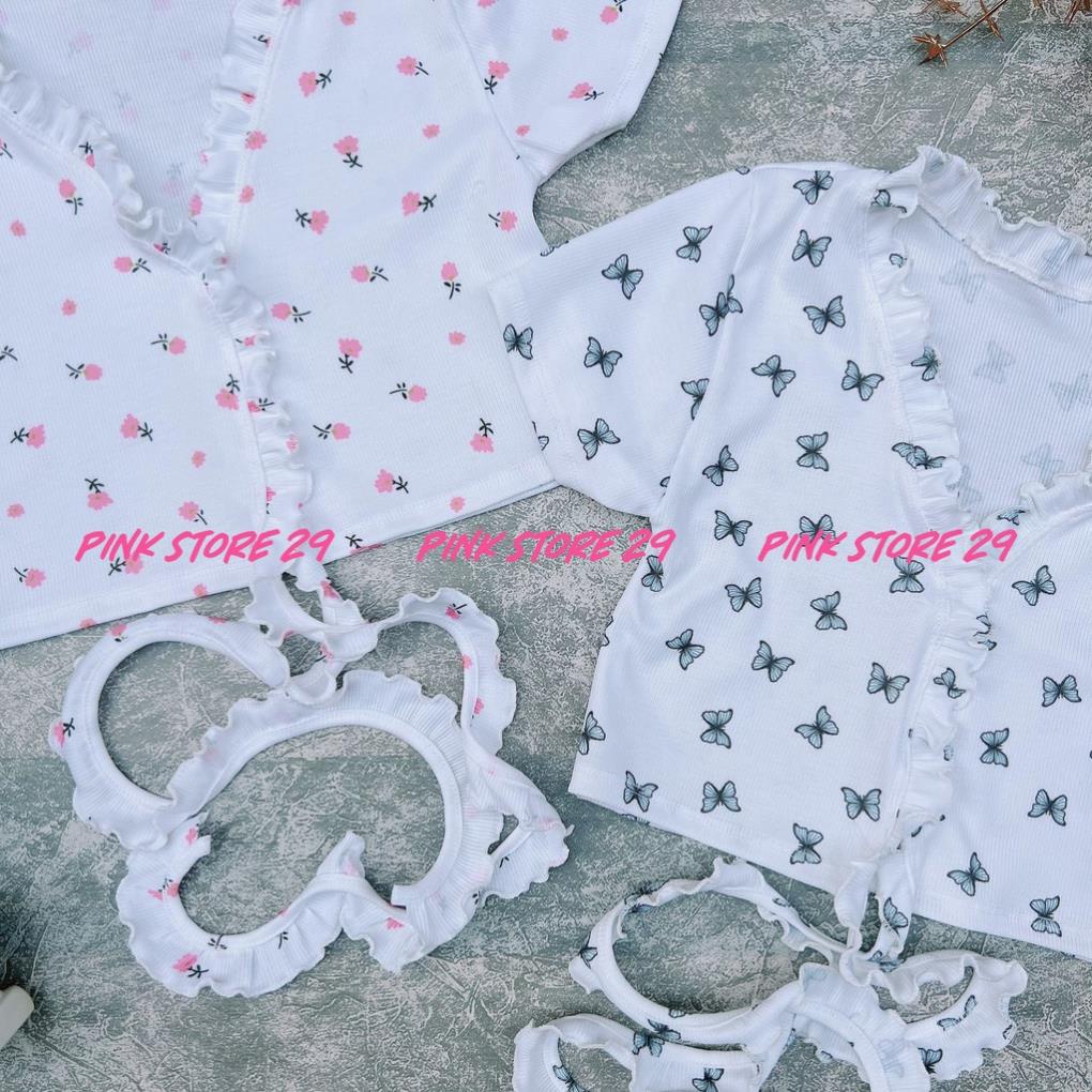 Áo Croptop kiểu Hàn Quốc Tay Ngắn Viền Bèo Đan Nơ Eo In Họa Tiết Hoa Và Bướm.mã A16