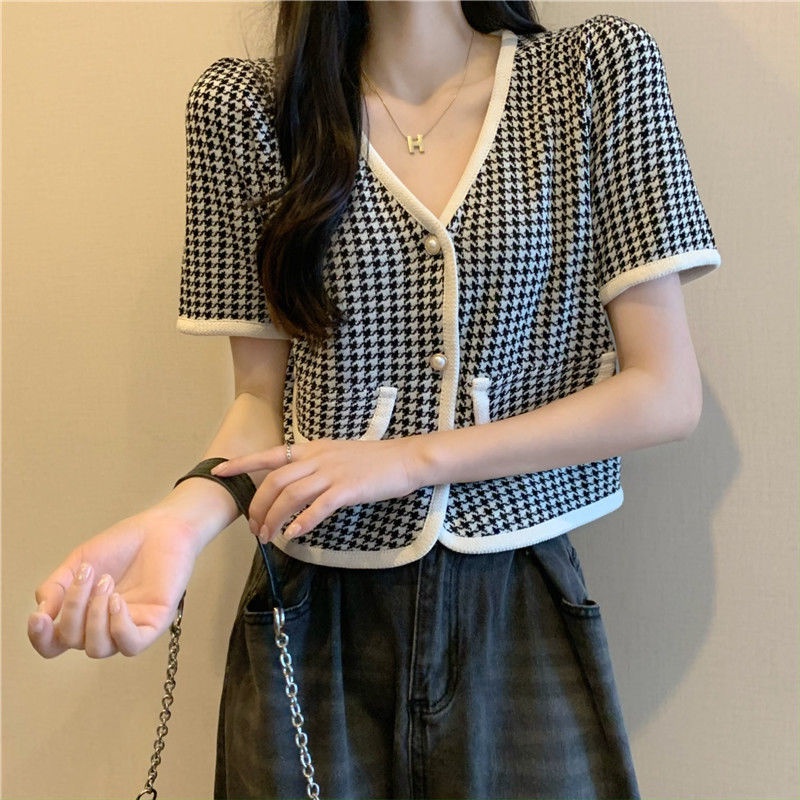 Áo Dệt Kim Ngắn Tay Cổ Chữ v Thời Trang Mùa Hè Cho Nữ