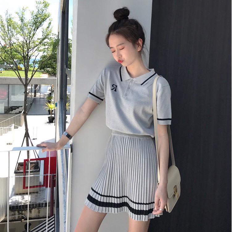 Set Trang Phục Xiaozhainv Áo Thun Cổ Bẻ Tay Ngắn + Chân Váy Chữ A Cạp Cao Đon Giản Thời Trang Cho Nữ | BigBuy360 - bigbuy360.vn