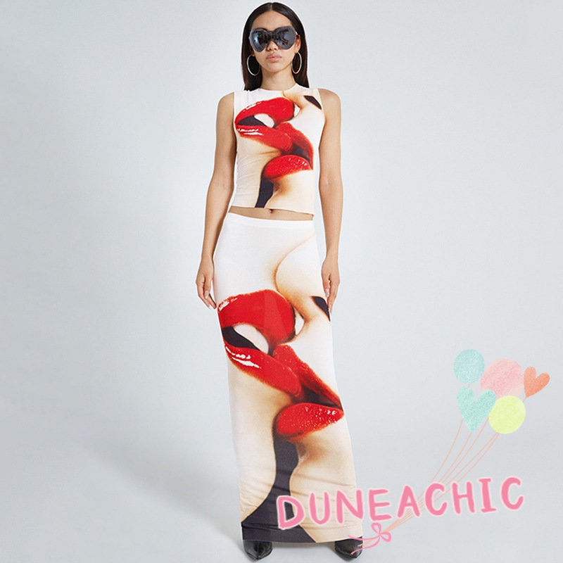 Bộ Áo Tank Top 2 Dây + Chân Váy Dài In Họa Tiết Thời Trang Cho Nữ