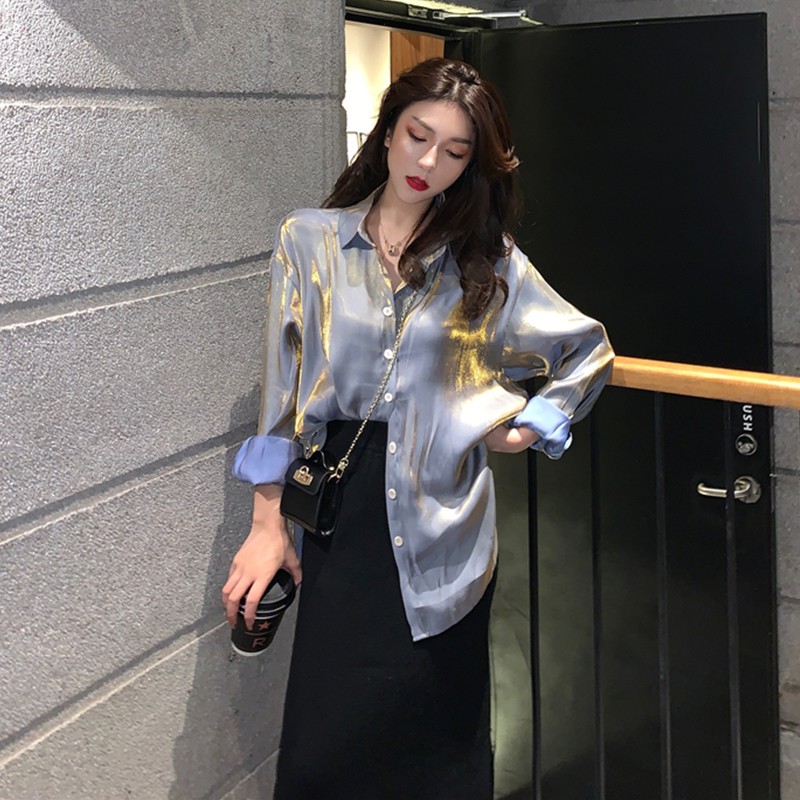 ÁO SƠ MI NỮ FORM RỘNG ÁNH KIM DÀI TAY ULZZANG - EMILYSHOP