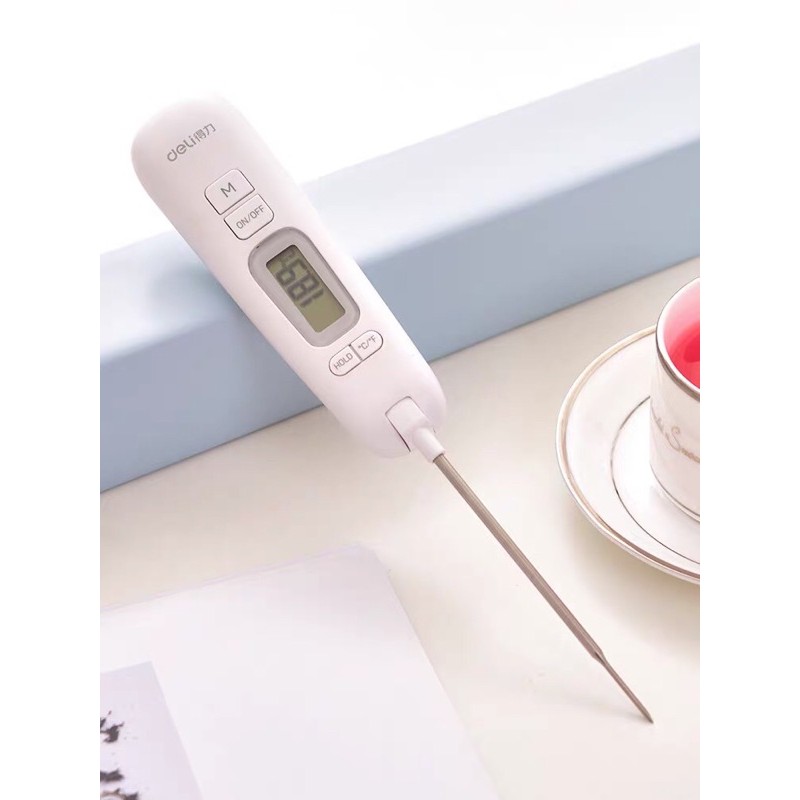 Nhiệt kế điện tử đa năng Deli đo nhiệt độ sữa, nước, thực phẩm, chất lỏng, bấm giờ, gấp gọn chất liệu an toàn