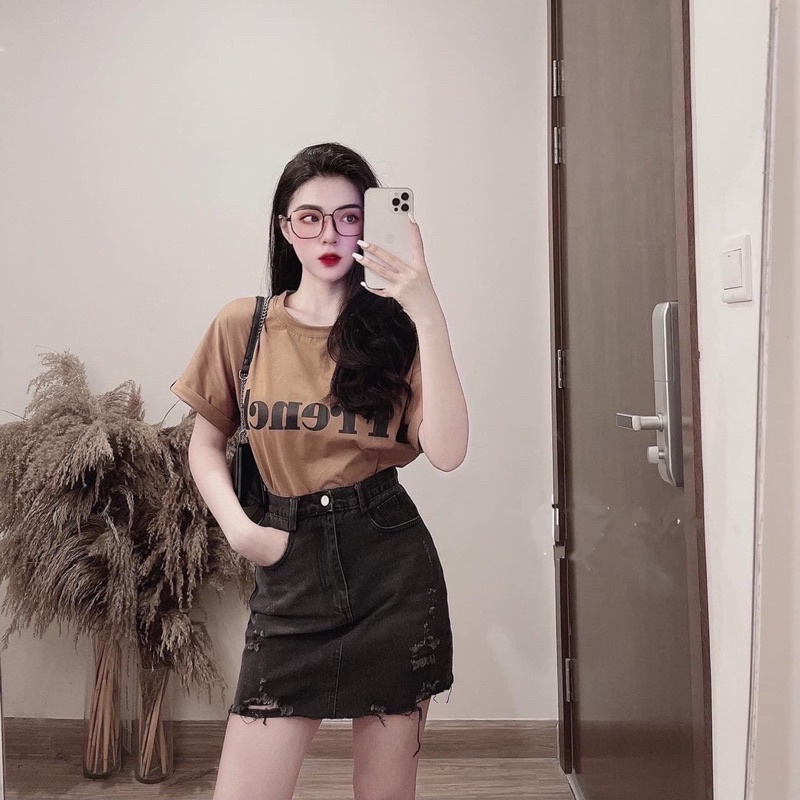 Set Áo Phông Chữ Phối Chân Váy Jeans Mềm Form Đẹp