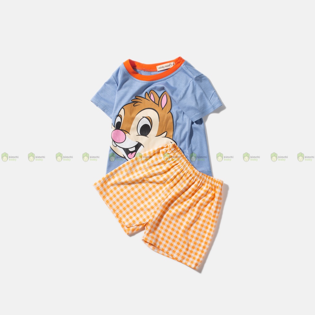 Bộ Cộc Tay Cho Bé Trai, Bé Gái Minky Mom Vải Thun Lạnh Hoạ Tiết Hoạt Hình Quần Caro, Bộ Quần Áo Trẻ Em Mặc Nhà MKM2241