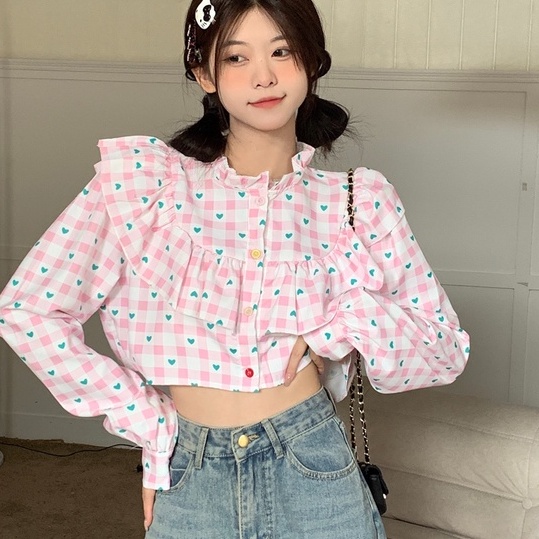 ZHELIHANGFEI Áo Sơ Mi Tay Dài Hở Eo Cao In Họa Tiết Trái Tim Quyến Rũ Dễ Phối Đồ