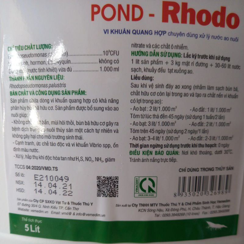 CHẾ PHẨM SINH HỌC POND RHODO  5 Lít/cal