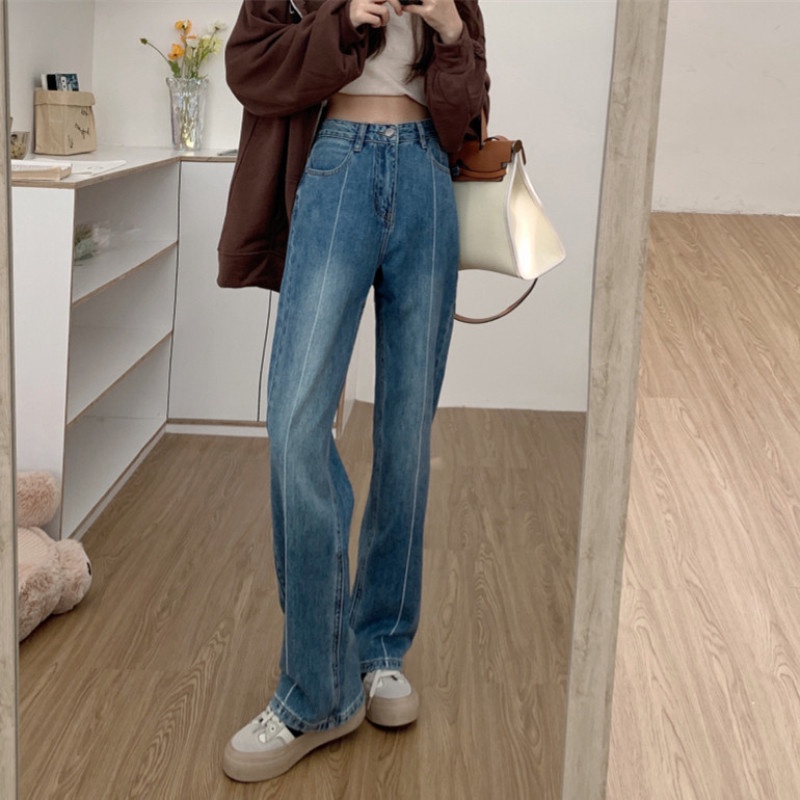 Quần jean ống rộng lưng cao kiểu dáng đơn giản hợp thời trang