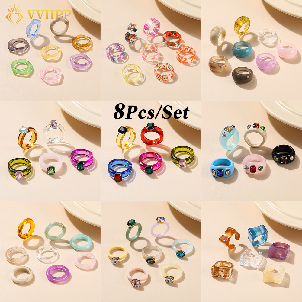 Bộ 8 Nhẫn Resin Nhiều Màu Sắc Đính Đá Họa Tiết Trái Cây Phong Cách Hàn Quốc